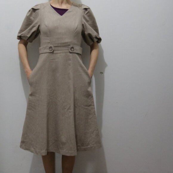 Tan Beige Light Brown A-line retro puffed sleeve dress, pre-owned,worn once - Picture 3 of 10
